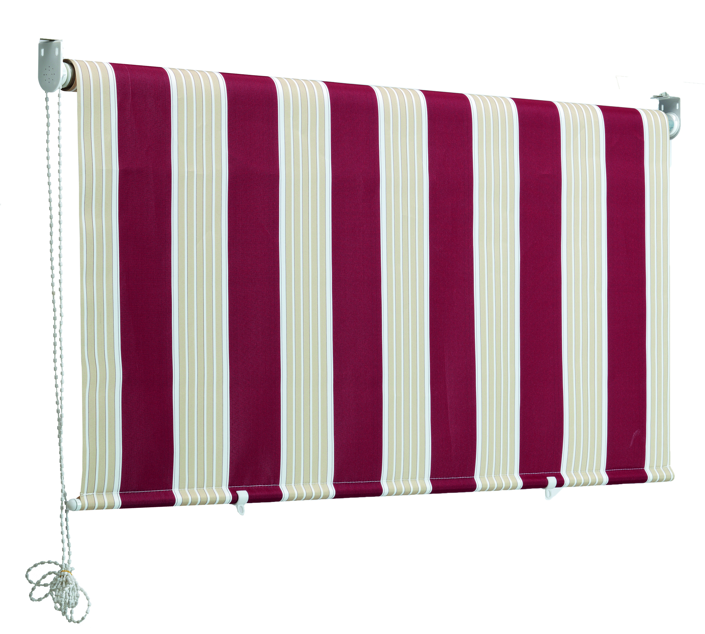 Una tenda a strisce con strisce verticali rosse e beige alternate. È appesa su uno sfondo bianco.