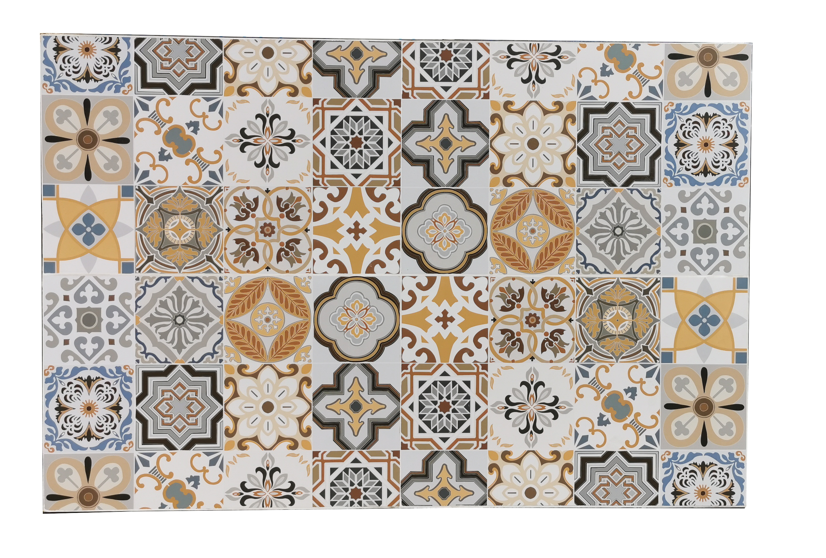 Un pannello rettangolare di piastrelle decorative con vari motivi floreali e geometrici in colori tenui.