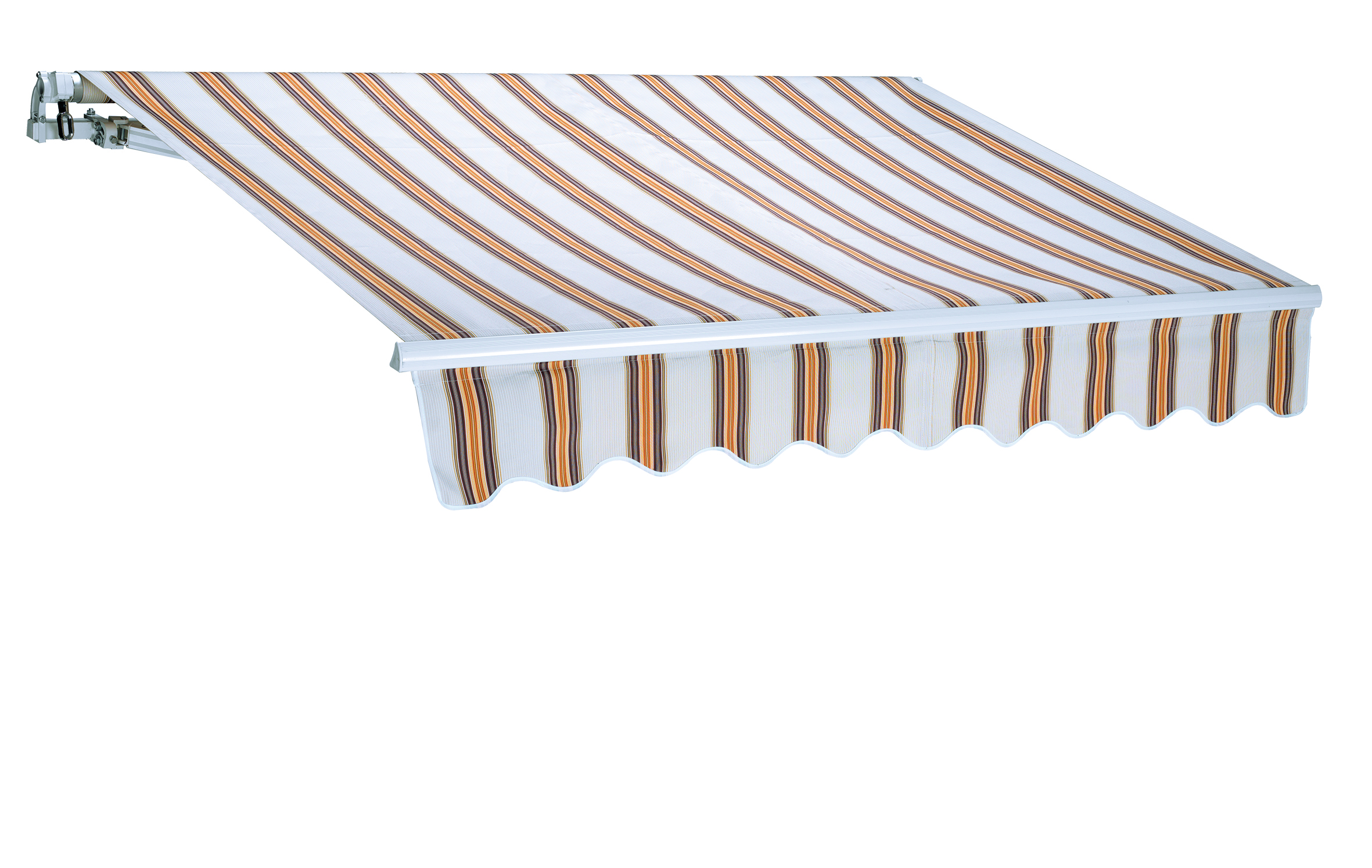 Una tenda da sole con un motivo a strisce bianche, marroni e arancioni. È estesa e montata su un muro bianco.