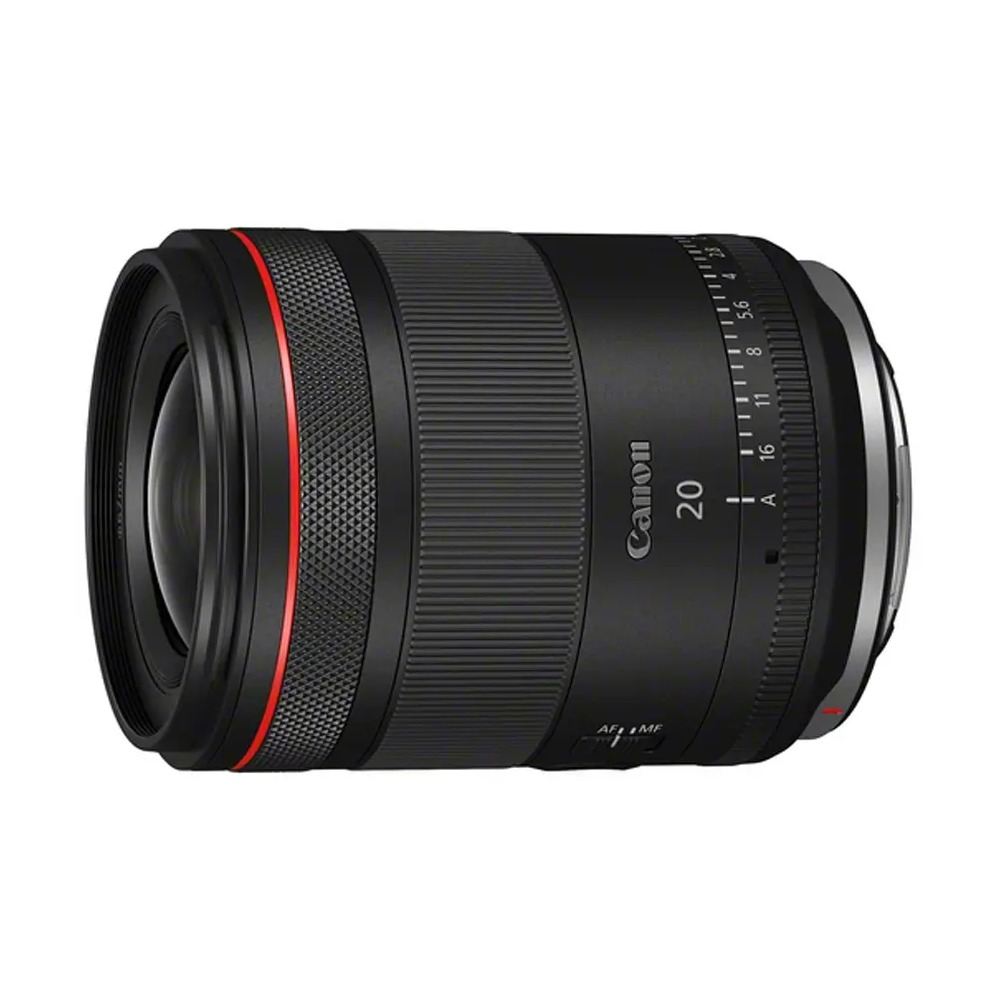 Ein Canon 20mm Kameraobjektiv. Es hat ein schwarzes Gehäuse mit einem roten Akzentring.