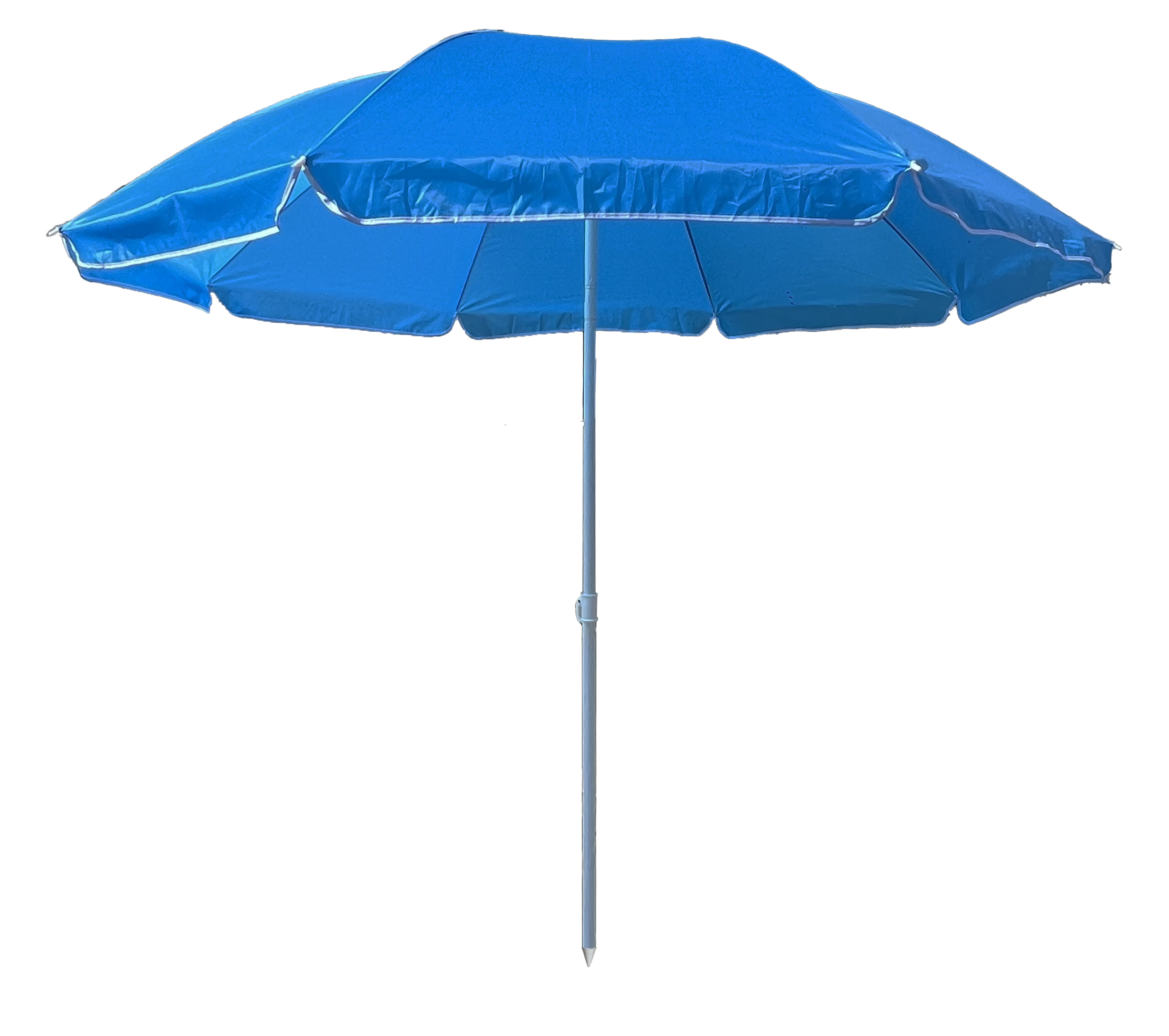 Un ombrellone blu con finiture bianche è aperto su sfondo bianco.