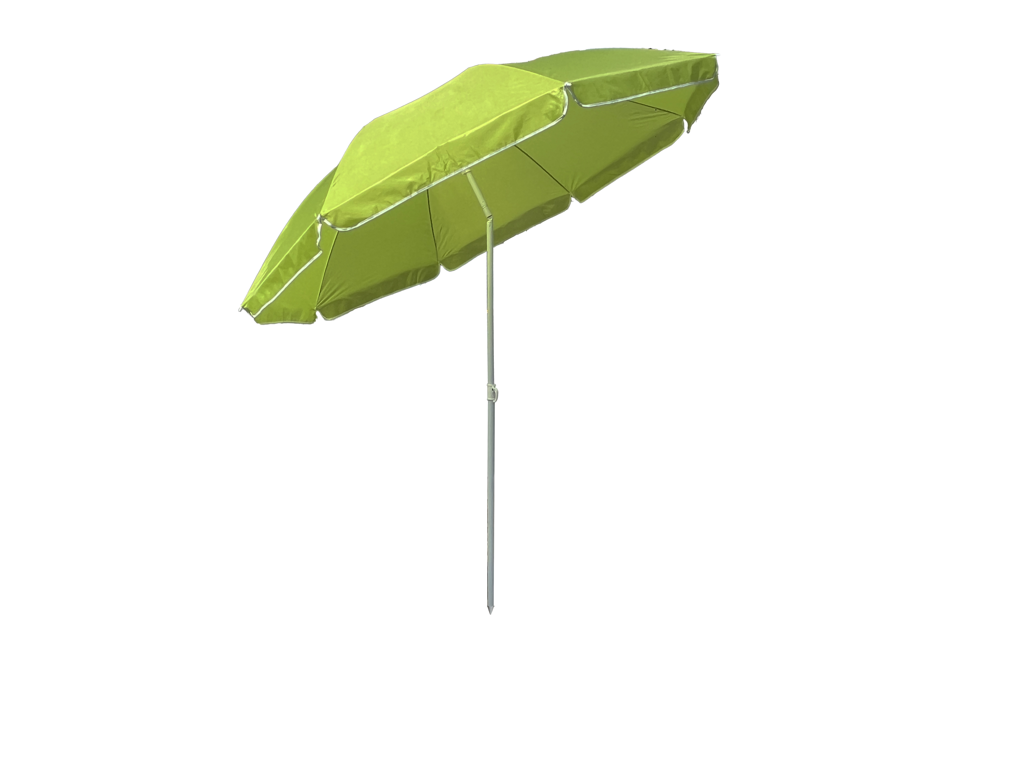 Un ombrellone verde su sfondo bianco. È aperto e angolato, con rifiniture bianche.