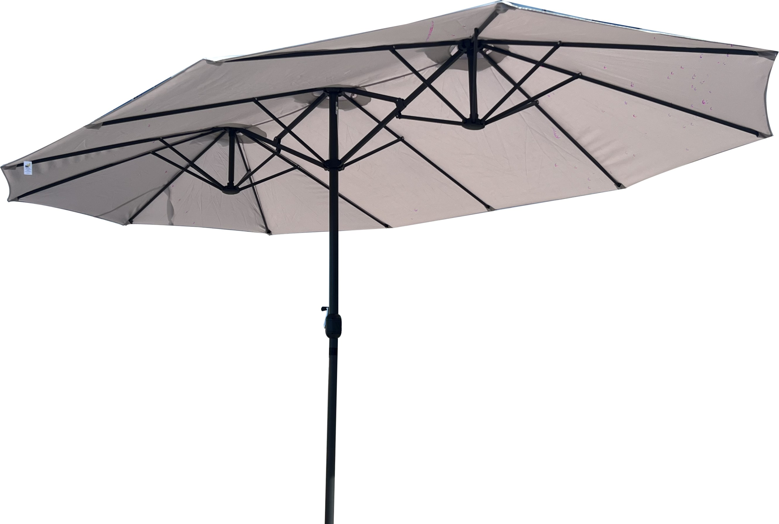Un grande ombrellone da patio a doppia faccia con tettoia beige chiaro e struttura nera, su sfondo bianco.