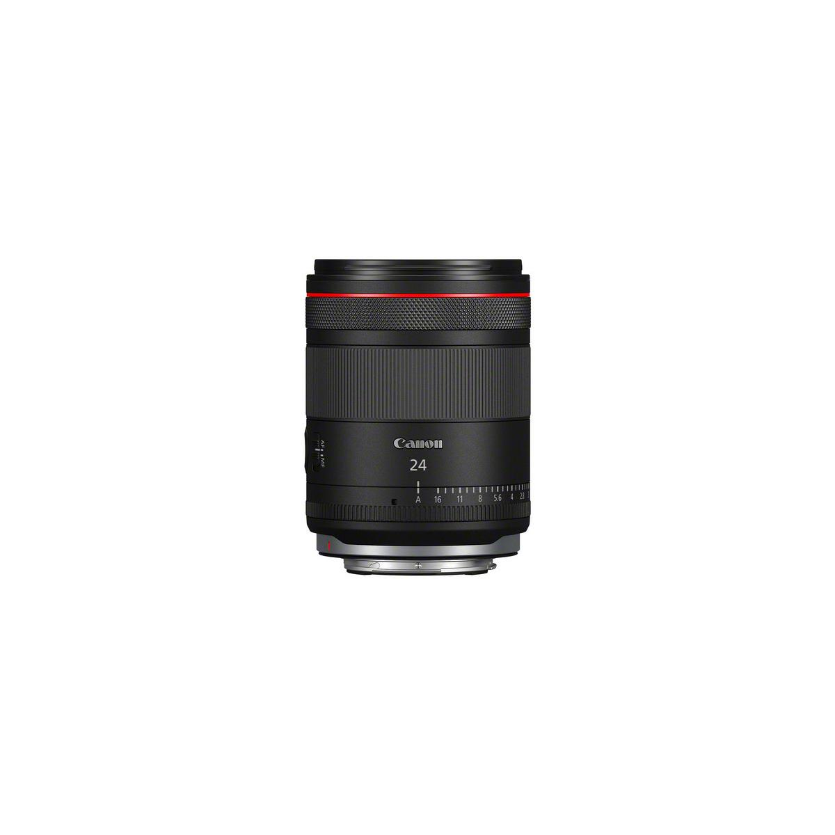 Un objetivo de cámara Canon de 24 mm. La lente es negra con detalles rojos, el logotipo de Canon y marcas blancas. El fondo es blanco.