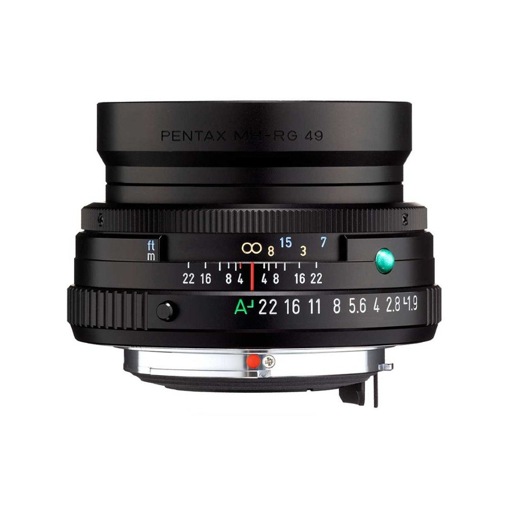 A black camera lens with multiple rings and markings. It has a focus scale, aperture settings and the brand name PENTAX MH-RG 49 printed on it.