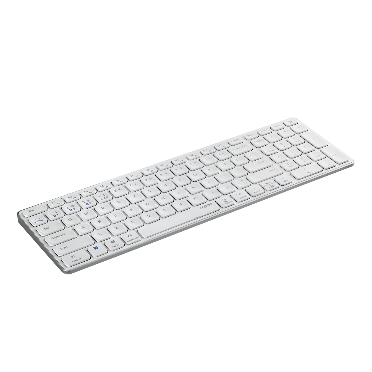 Un teclado de computadora inalámbrico blanco y plateado sobre fondo blanco. El teclado tiene varias teclas y la marca 'Rapoo'.