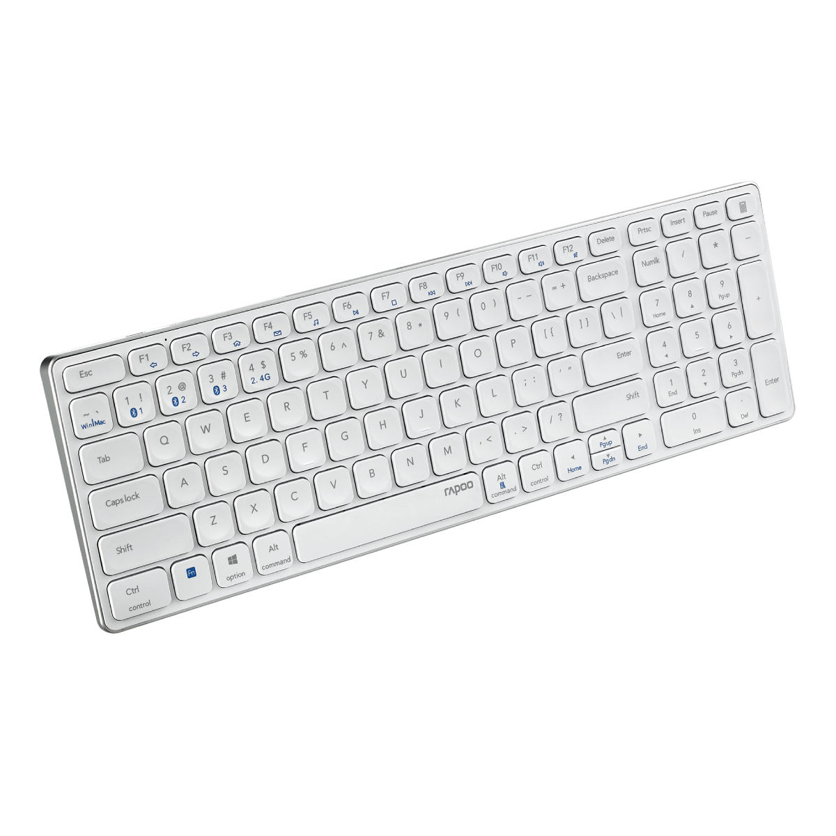 Un teclado Rapoo blanco sobre un fondo blanco. Tiene teclas y teclas de función.