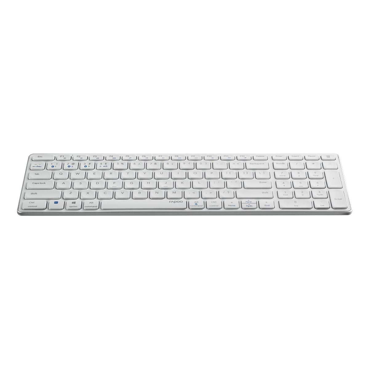 Un teclado Rapoo blanco sobre un fondo blanco. Las teclas son visibles con letras, números y símbolos. El teclado está centrado.