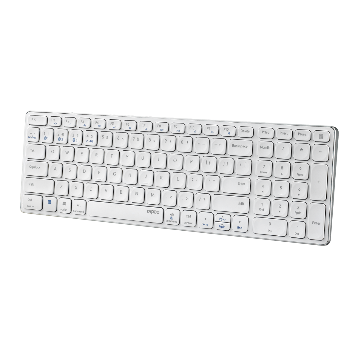 Teclado blanco con teclas negras. Letras y símbolos en las teclas. Marca Rapoo visible.