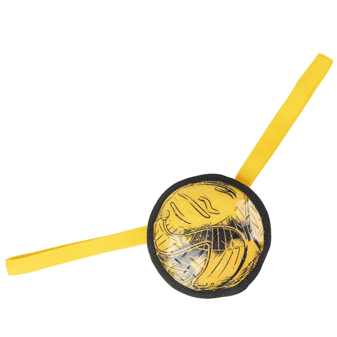 Un giocattolo giallo e nero, rotondo con un cinturino giallo. Il giocattolo ha un design giallo e si trova su sfondo bianco.