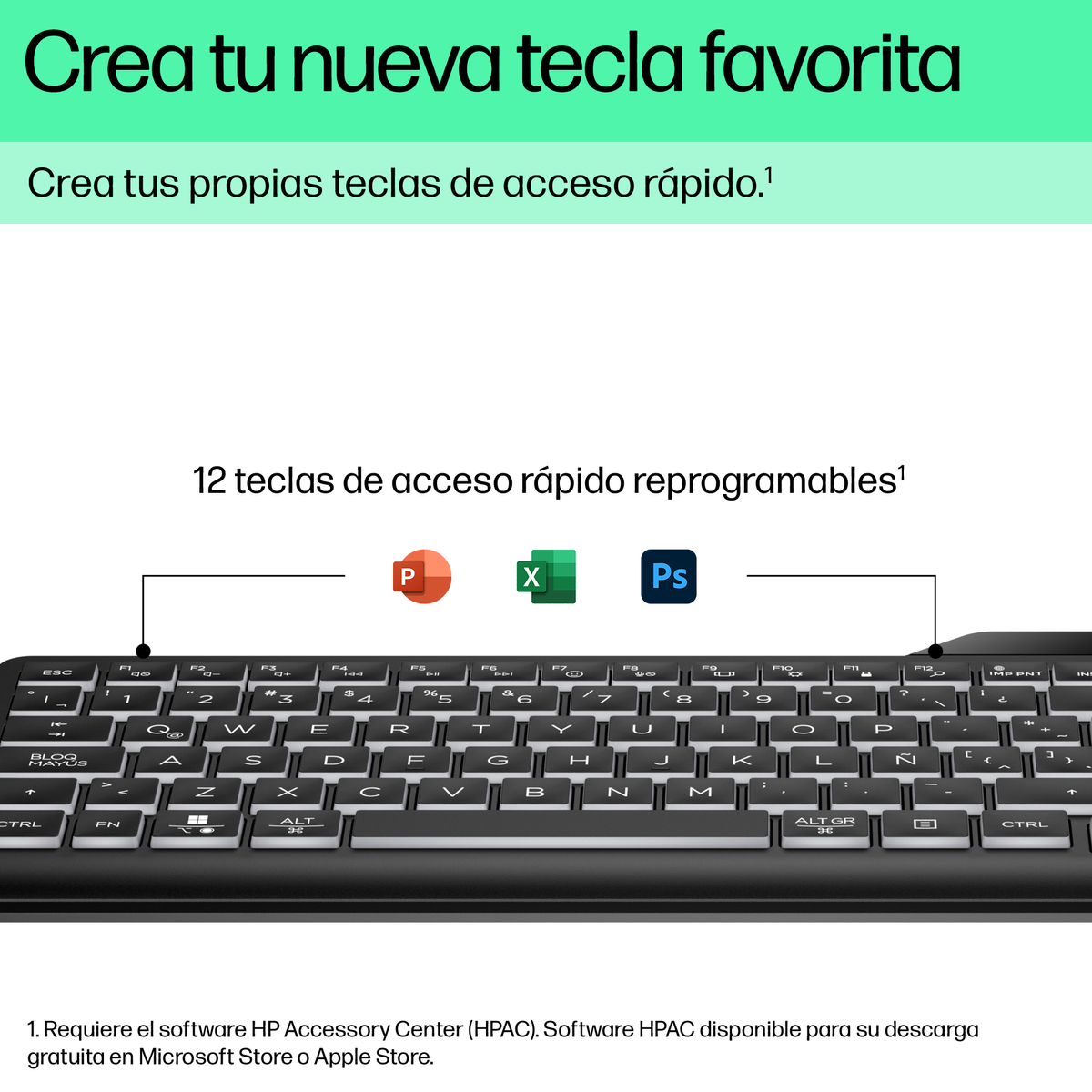Teclado negro con teclas blancas. Arriba, iconos de P, X y Ps. El texto dice 'Crea tu nueva tecla favorita'.