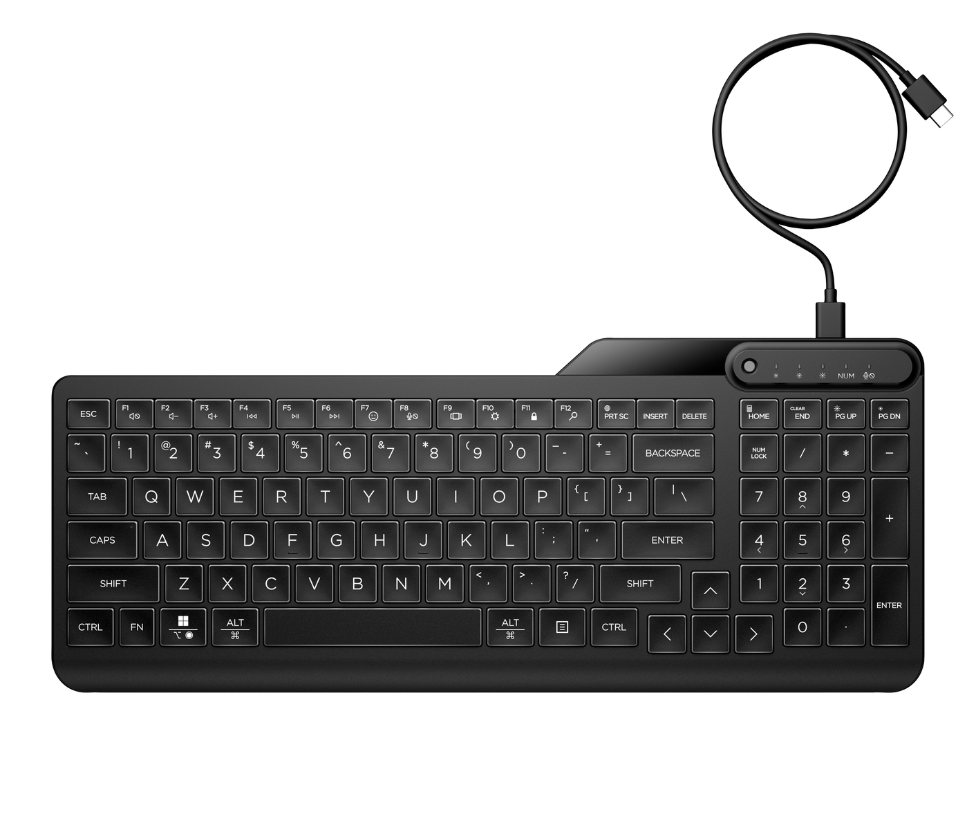 Teclado negro con letras y números blancos. Tiene un cable USB-C.