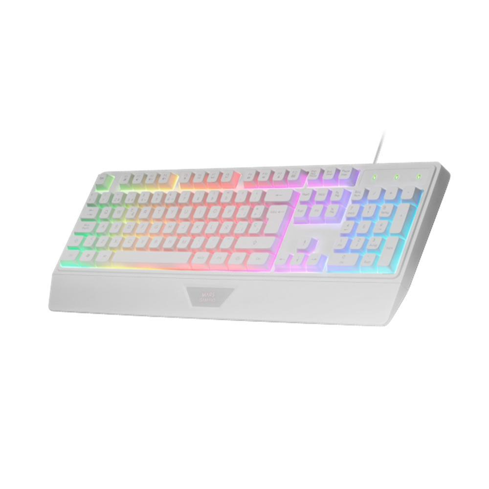 Eine weiße Gaming-Tastatur mit farbigen Tasten. Die Tasten sind in verschiedenen Farben beleuchtet, mit weißem Rahmen und Markenlogo.