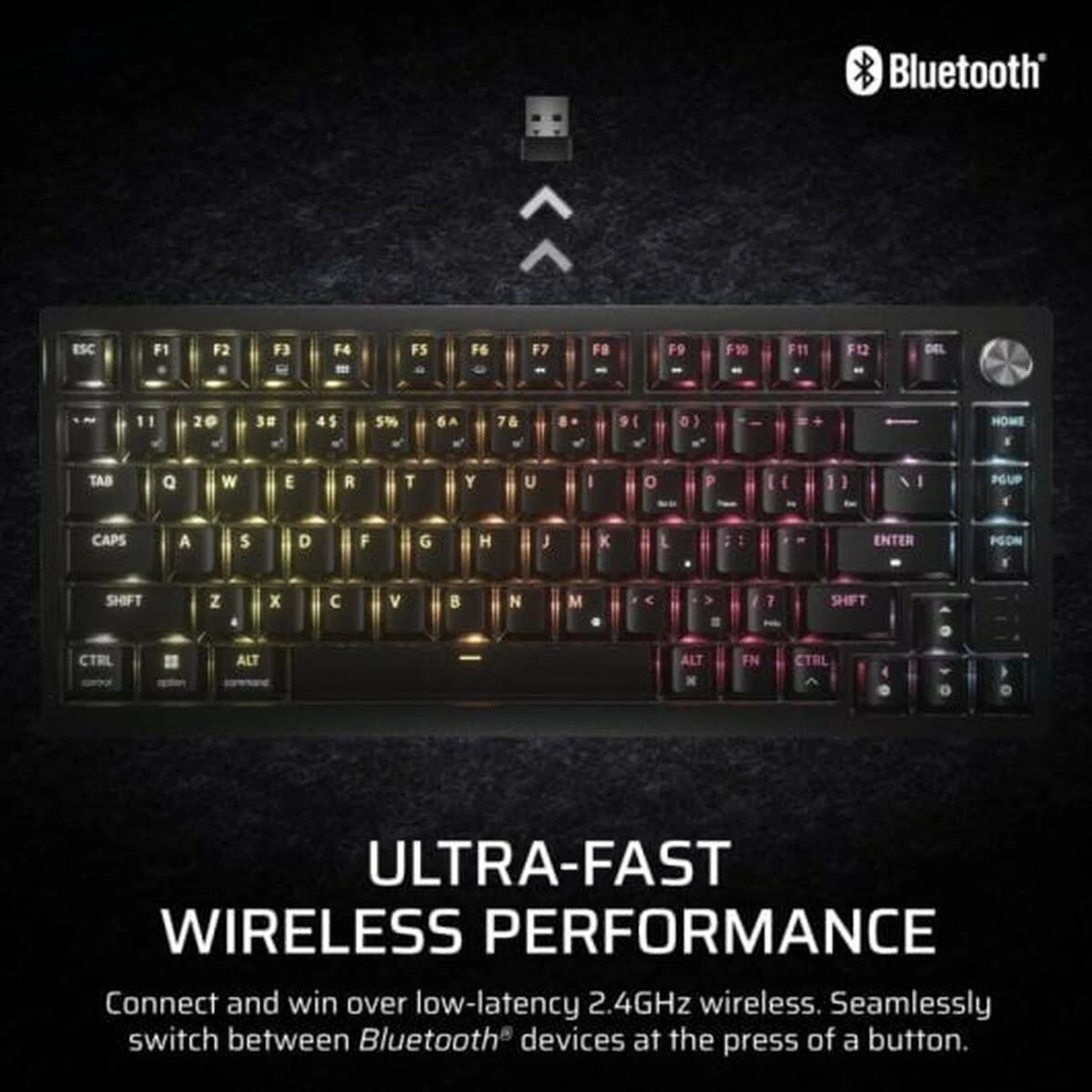 Tastiera nera con illuminazione RGB, logo Bluetooth e testo: 'ULTRA-FAST WIRELESS PERFORMANCE'.