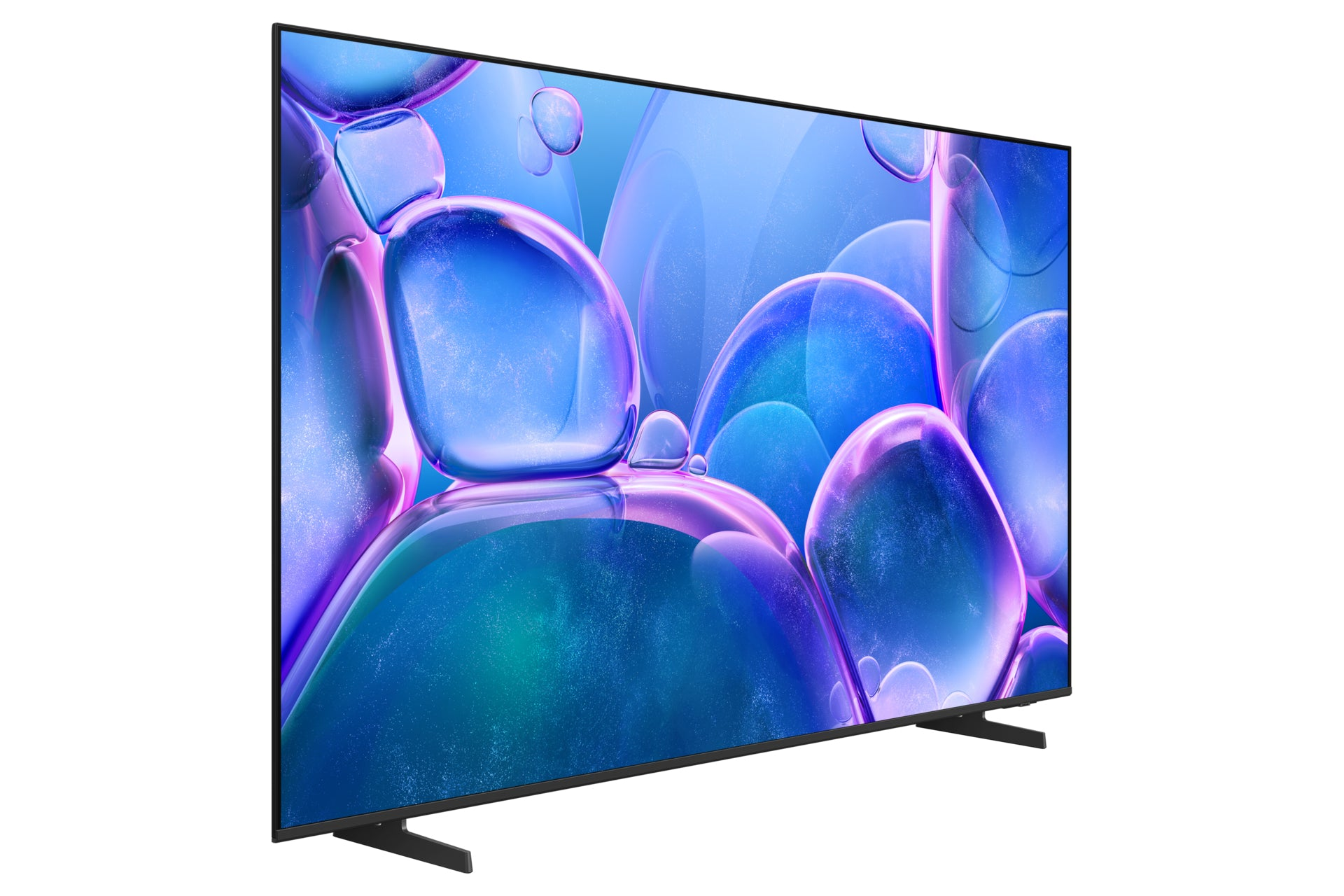 A large, modern TV with a black frame, displaying a blue and purple abstract design. It has two black stands and is on a white background.