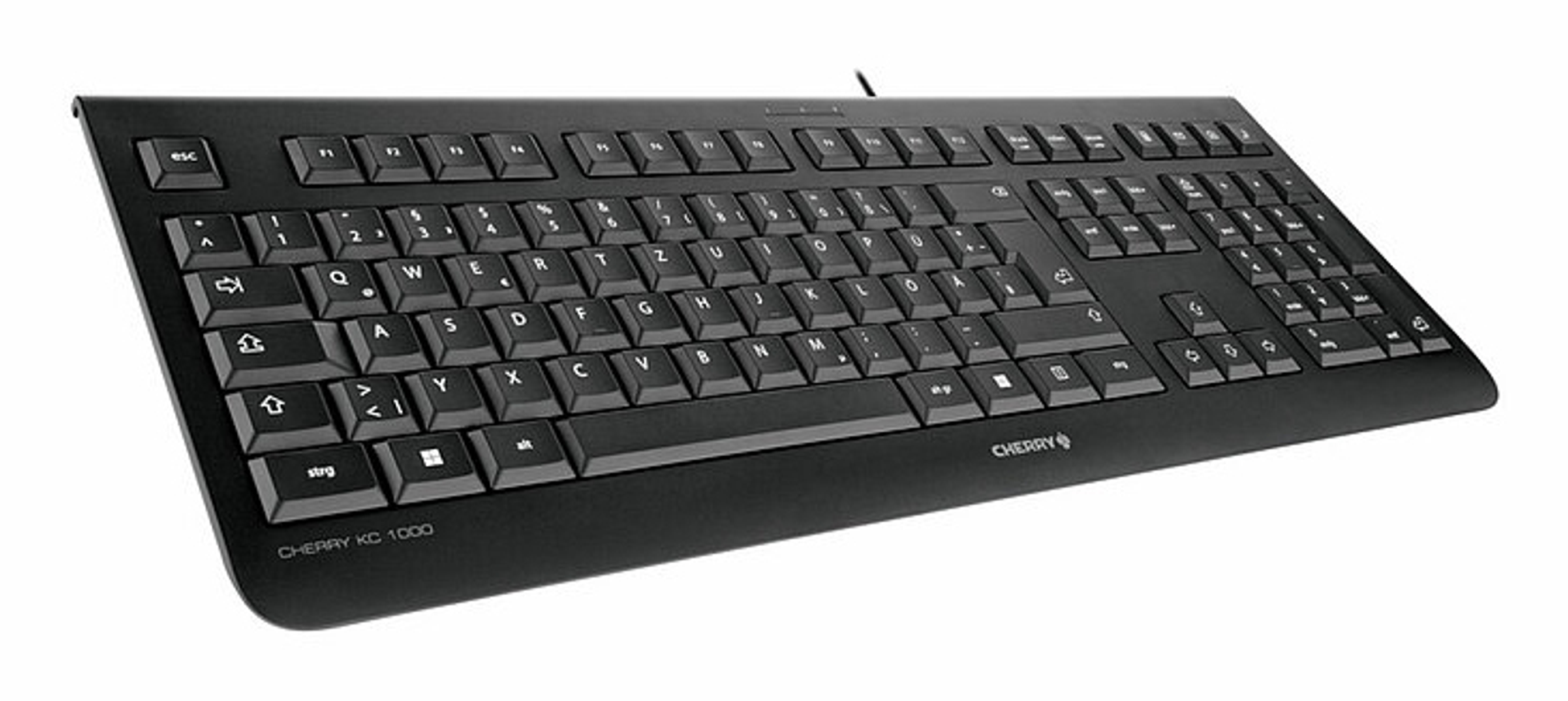 Una tastiera nera Cherry KC 1000. Ha molti tasti e un layout standard, con lettere e simboli bianchi.