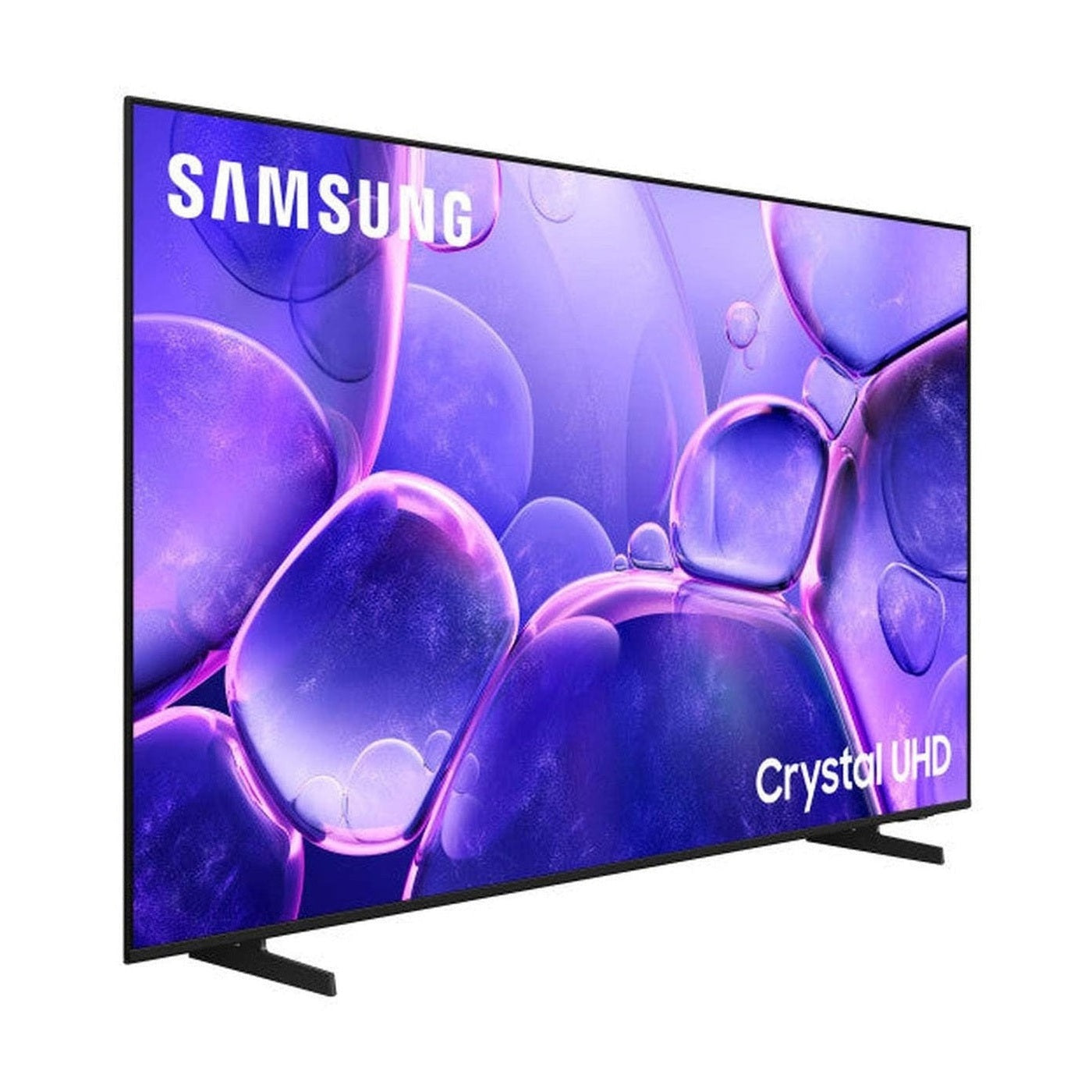 Een Samsung Crystal UHD TV toont een paarse, bubbelachtige afbeelding. De tv is zwart en staat op twee zwarte poten. Het Samsung-logo is zichtbaar.