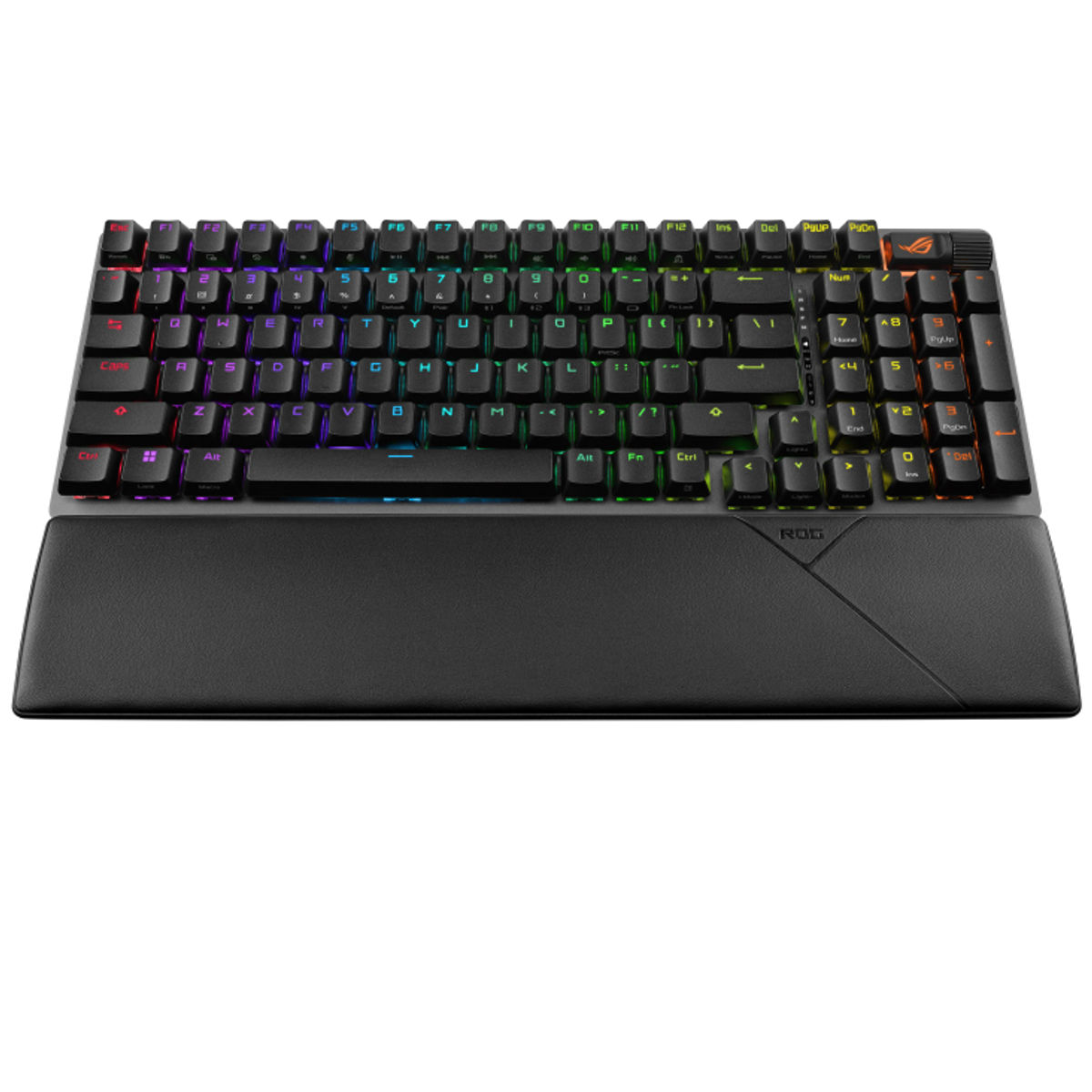 Un teclado negro con teclas multicolores y reposamuñecas. Las teclas están iluminadas. El logotipo ROG está en el reposamuñecas.