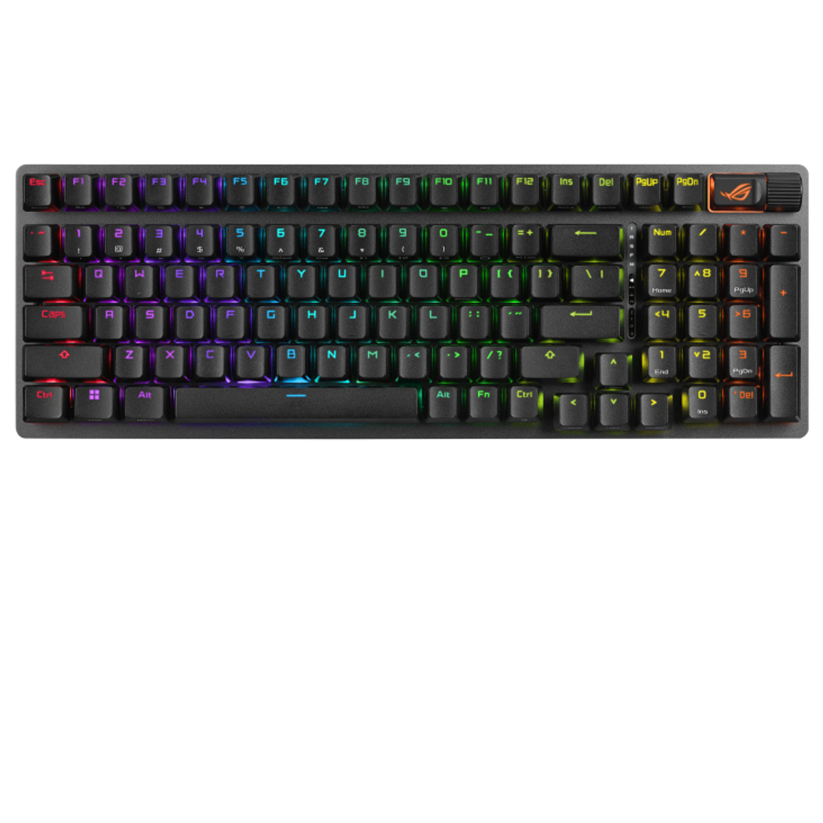 Teclado gaming negro con retroiluminación RGB, teclas alfanuméricas y logotipo ROG.