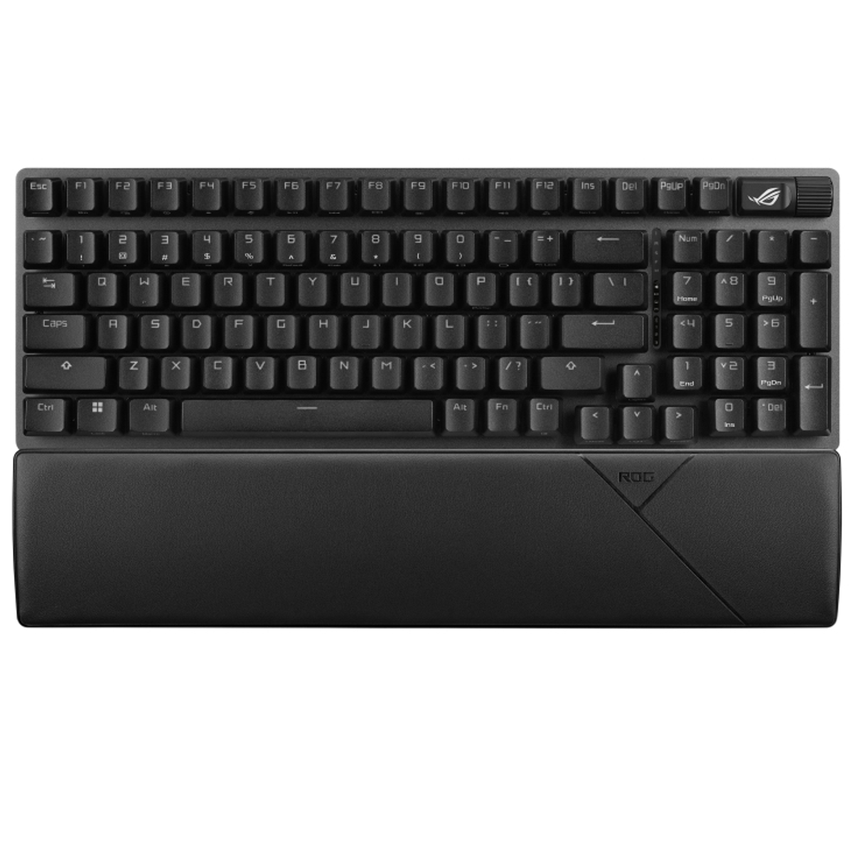 Teclado mecánico negro con reposamuñecas. Las teclas están etiquetadas con letras y símbolos blancos. Logotipo ROG en el reposamuñecas.