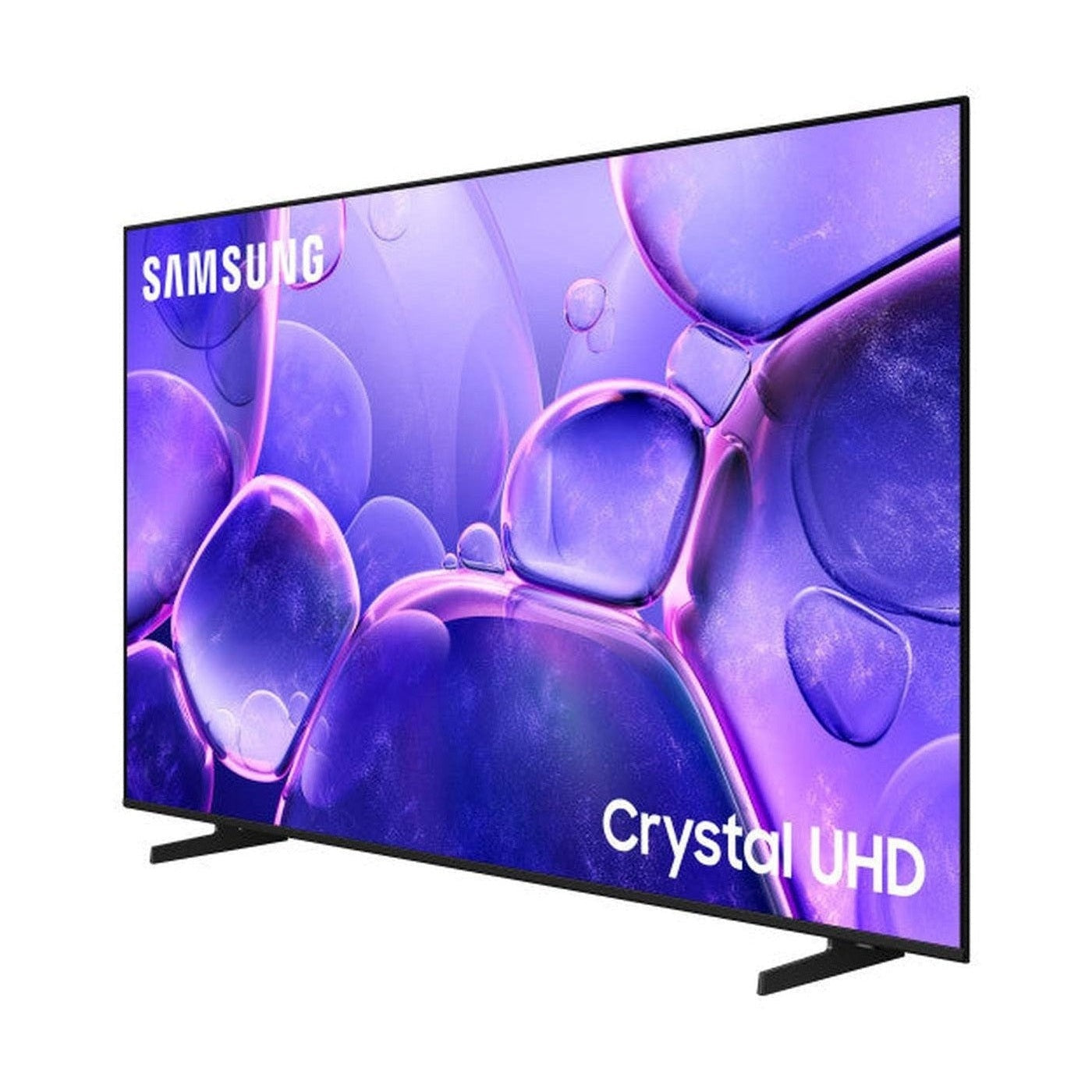 Samsung Crystal UHD TV. Scherm toont een paars abstract ontwerp. De tv is zwart met twee zwarte poten.