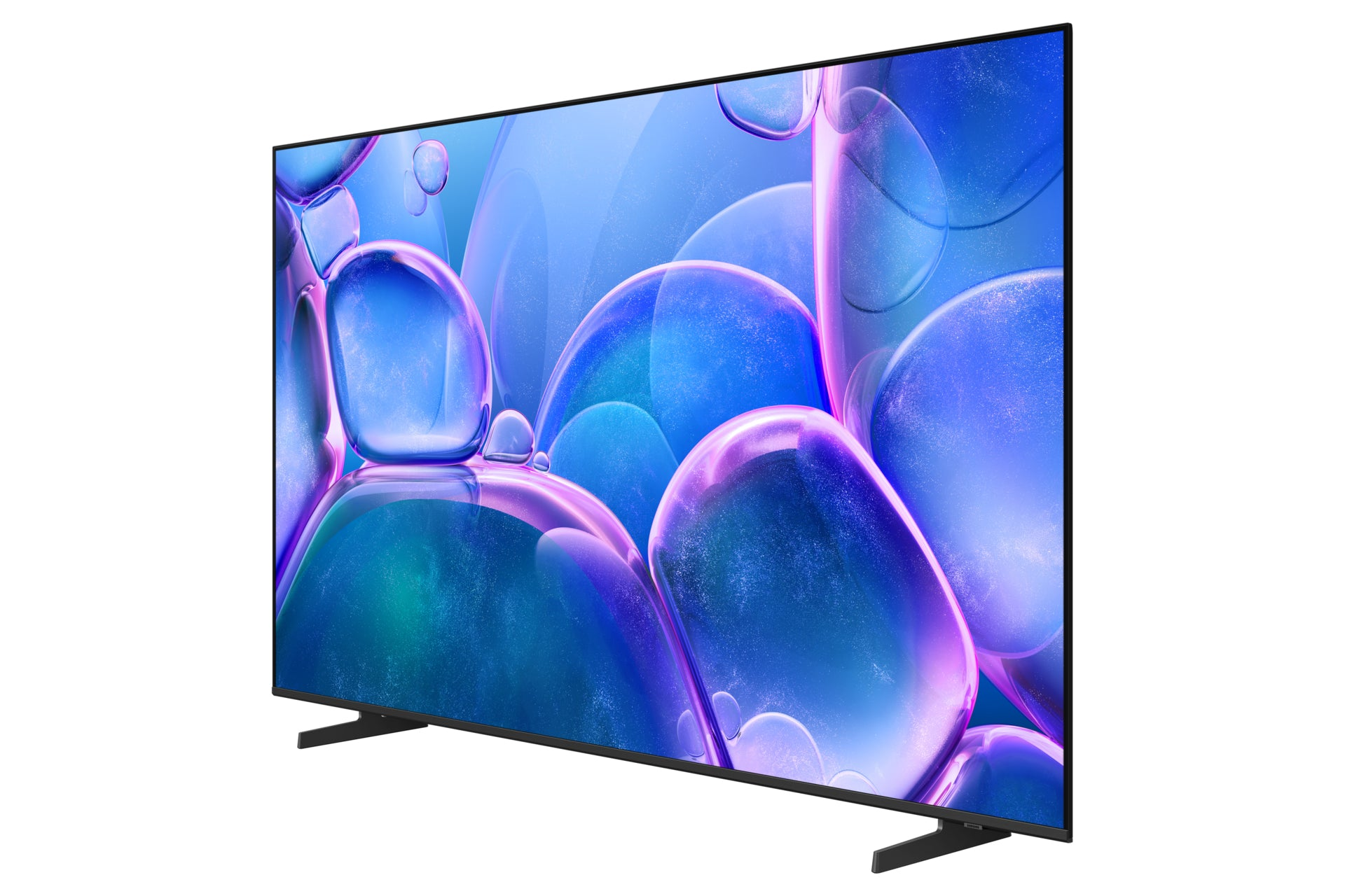 A large, modern TV displays a blue and purple abstract image. It has a black frame, and black stand.