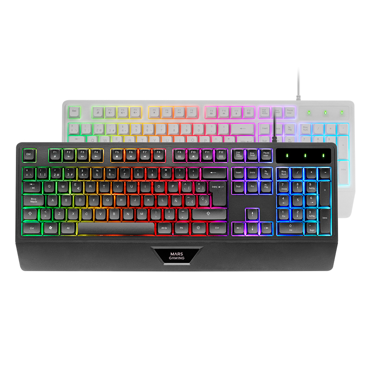 Due tastiere da gioco, una nera con luci RGB e una bianca, angolata. Il marchio è visibile.