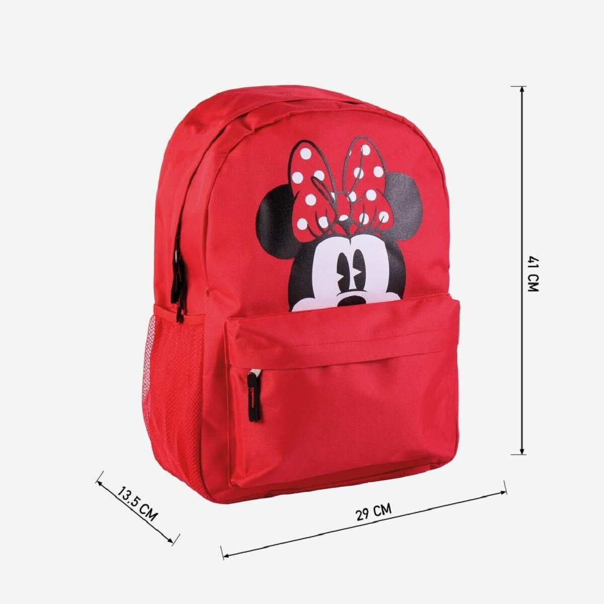 Mochila roja con diseño de Minnie Mouse. Tiene bolsillos laterales y uno frontal. Dimensiones: 41x29x13,5 cm.