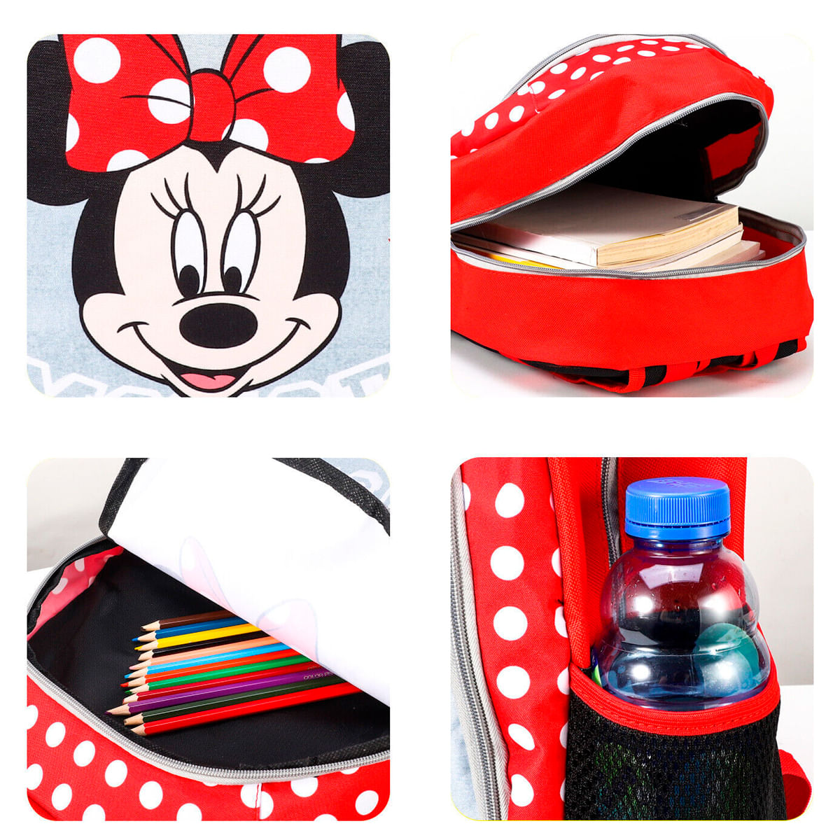 Mochila de Minnie Mouse con lunares rojos. Mochila abierta con libros, lápices y botella de agua.