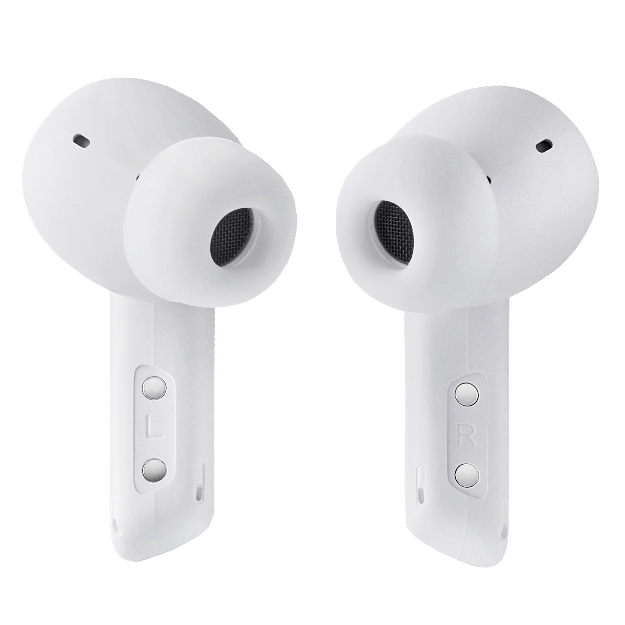 Deux écouteurs sans fil blancs avec maillage noir sur fond blanc. Chacun a un bouton et un petit trou.