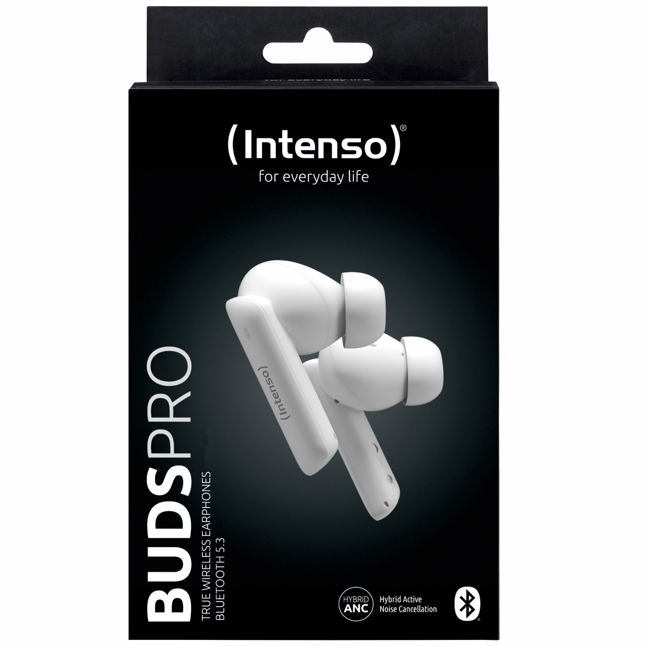 White Intenso Budspro earbuds on a black box. Text includes 'Intenso', 'Buds Pro', 'ANC', and Bluetooth details.