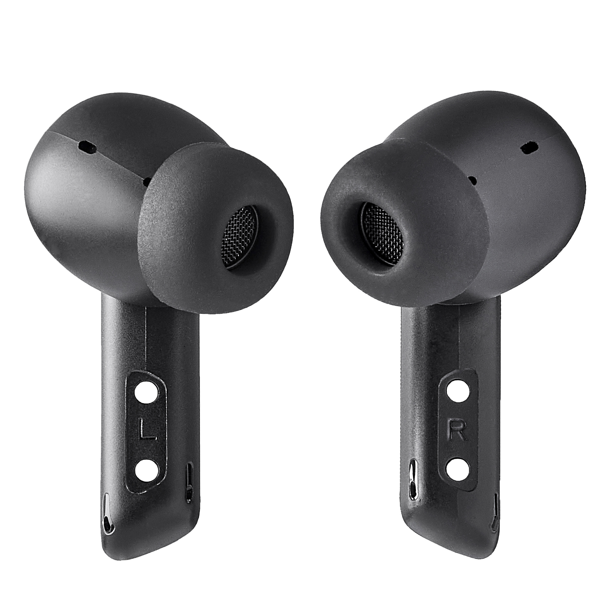 Dos auriculares inalámbricos negros sobre un fondo blanco. Cada uno tiene un capullo redondeado y un tallo con agujeros y marcas.