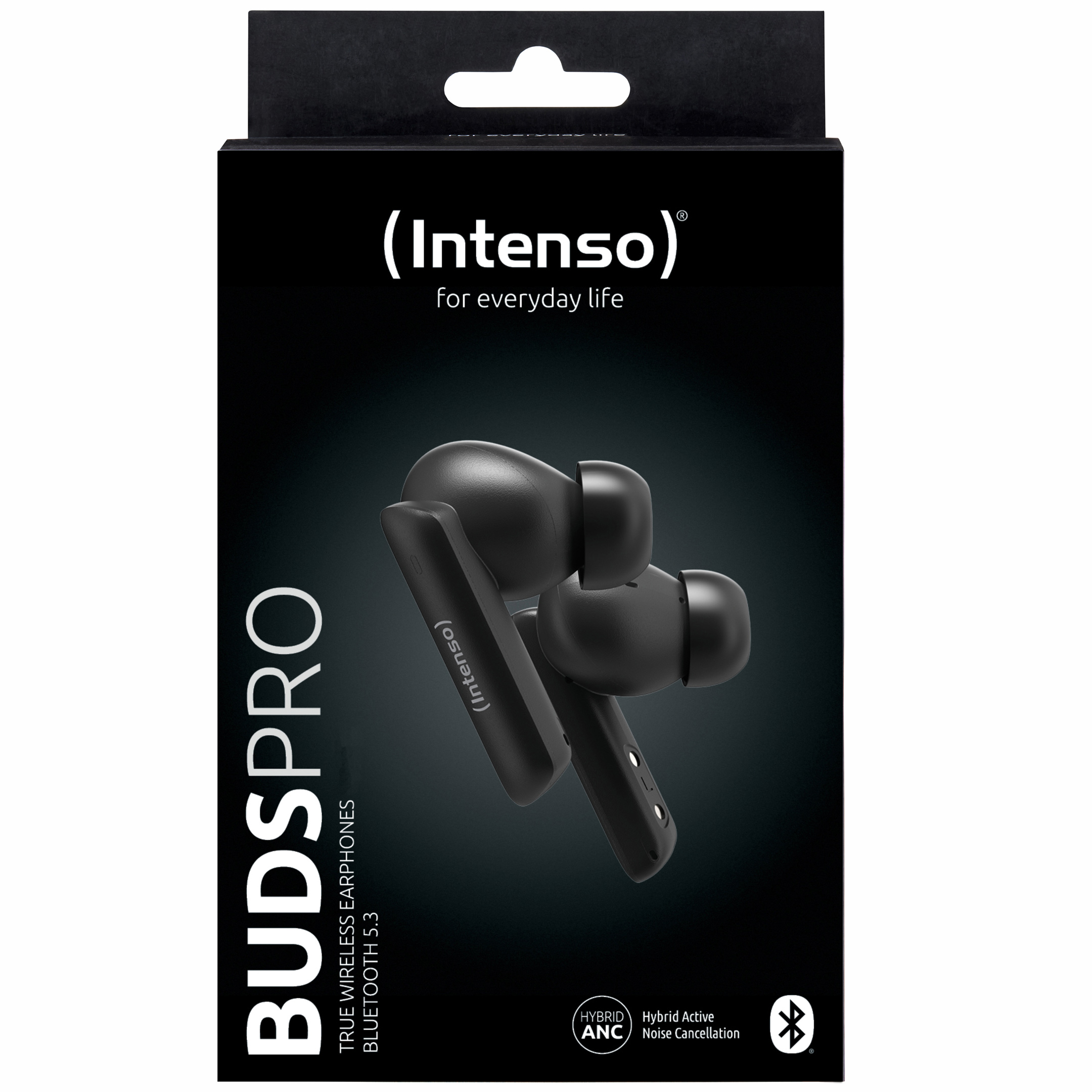 Black Intenso Buds Pro earbuds on box. Features include Bluetooth 5.3, hybrid ANC. The brand name is visible.