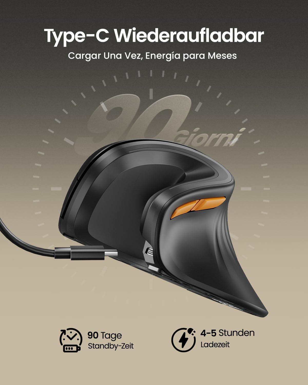 Czarna ergonomiczna mysz z pomarańczowymi akcentami, podłączona, na gradientowym tle z tekstem o ładowaniu i żywotności baterii.