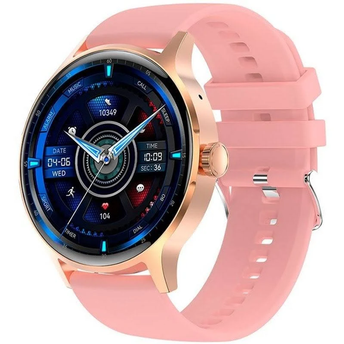 Uno smartwatch oro rosa con cinturino rosa. Il quadrante mostra ora, data, frequenza cardiaca e icone di varie app.