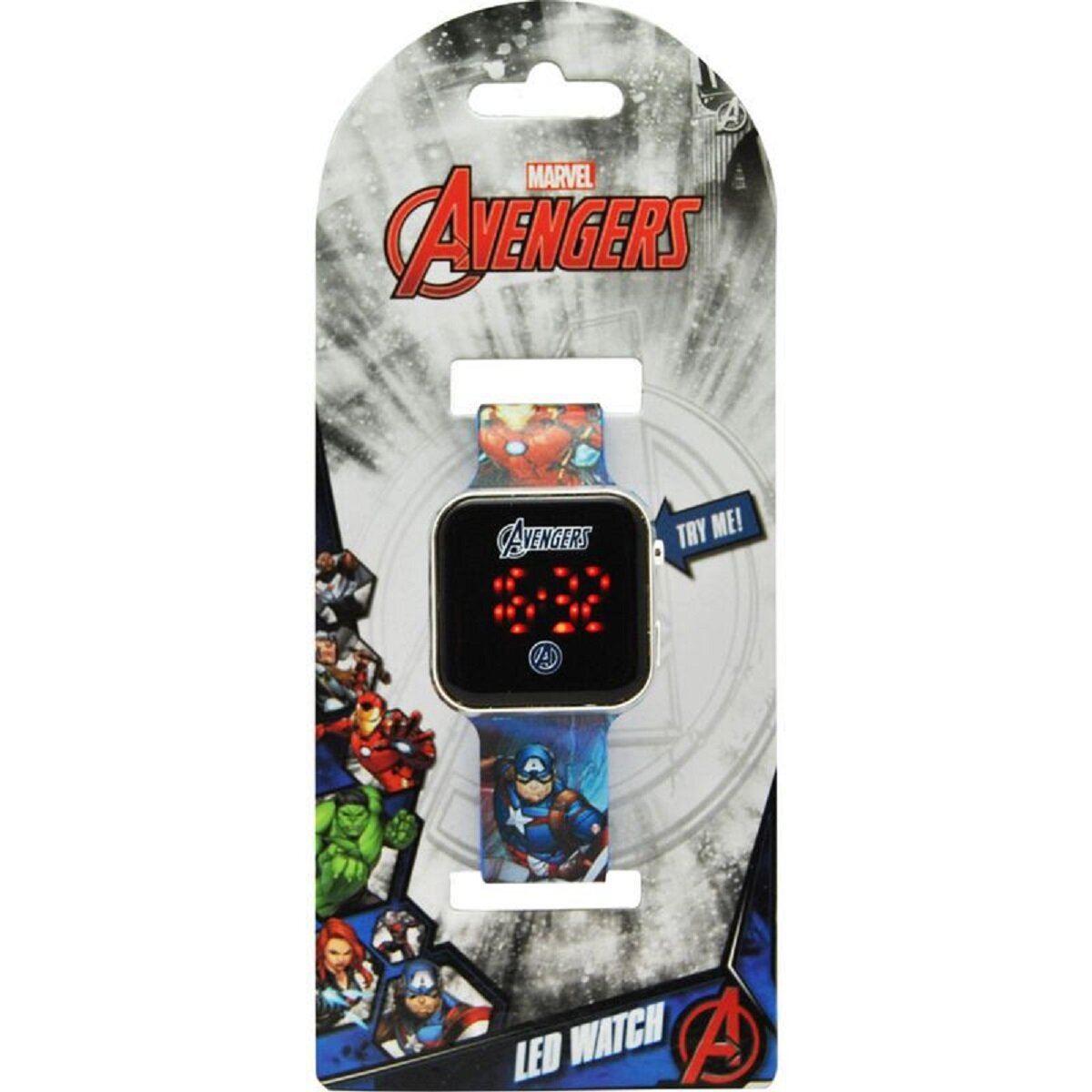 Un reloj LED de los Vengadores en su embalaje. La esfera del reloj muestra puntos rojos. La correa muestra a Iron Man y al Capitán América.