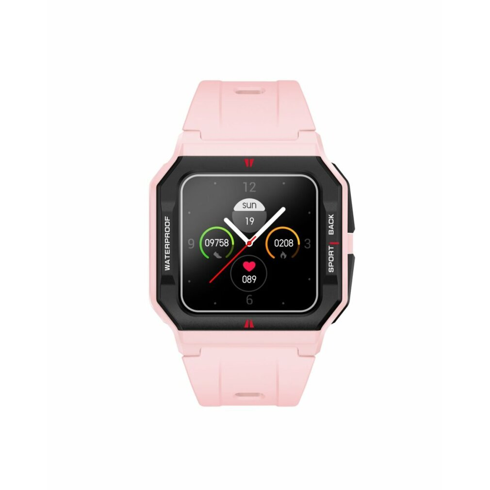 Uno smartwatch rosa mostra ora, data e metriche di salute. Include pulsanti impermeabile, sport e indietro, con interfaccia digitale.
