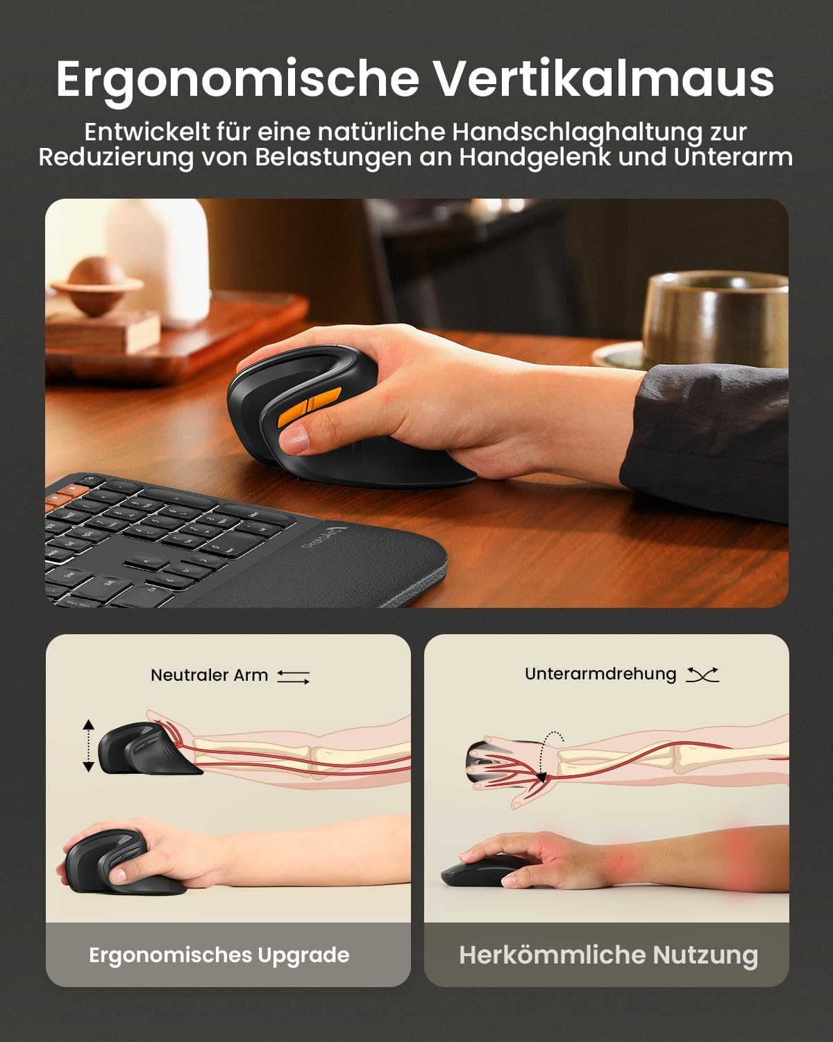 Ergonomiczna mysz pionowa w użyciu. Pokazuje neutralną pozycję ramienia. Porównanie z tradycyjną myszą, pokazujące obciążenie.
