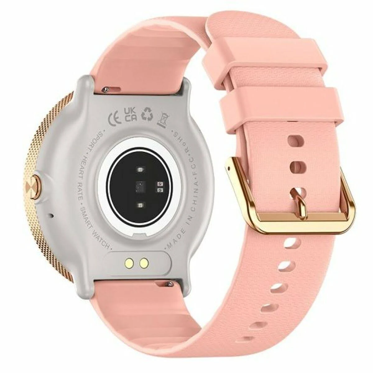 Uno smartwatch rosa con cinturino rosa e fibbia dorata. Il retro dell'orologio è visibile, con sensori e marcature.