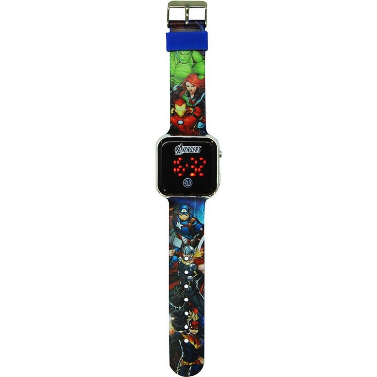 Un reloj digital con temática de los Vengadores con varios personajes de Marvel en la correa. La pantalla muestra puntos rojos.
