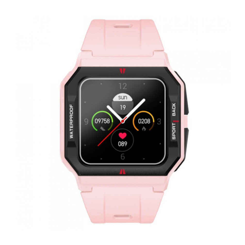 Uno smartwatch rosa con schermo nero che mostra ora, frequenza cardiaca e dati attività. L'orologio ha un cinturino rosa e una cornice nera.