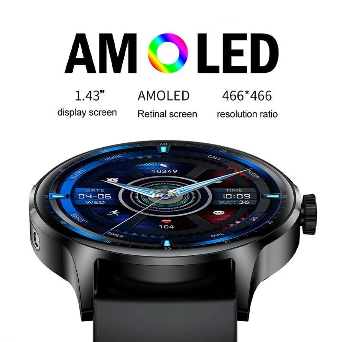 Uno smartwatch nero con display AMOLED mostra ora, data e altre funzioni. Il testo in alto dice AMOLED, display da 1,43 e risoluzione.