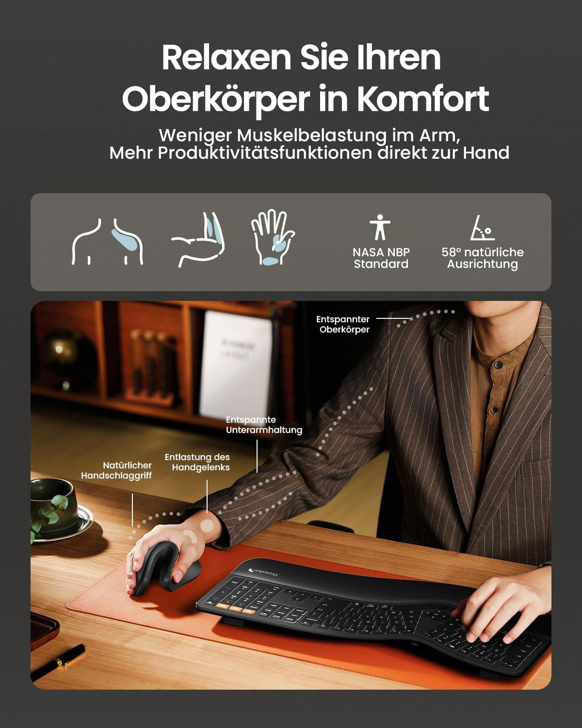 Mężczyzna używa zakrzywionej klawiatury i myszy. Obraz podkreśla ergonomiczny design dla wygody i redukcji obciążenia.