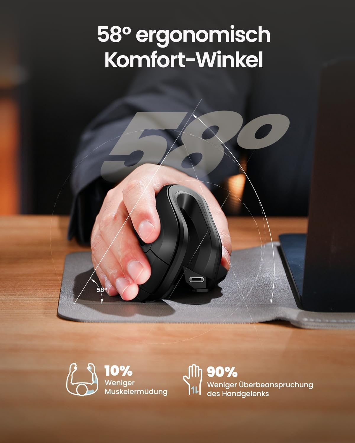 Ręka używa czarnej ergonomicznej myszy. Kąt wynosi 58 stopni. Tekst pokazuje 10% mniejsze zmęczenie mięśni i 90% mniejsze obciążenie nadgarstka.