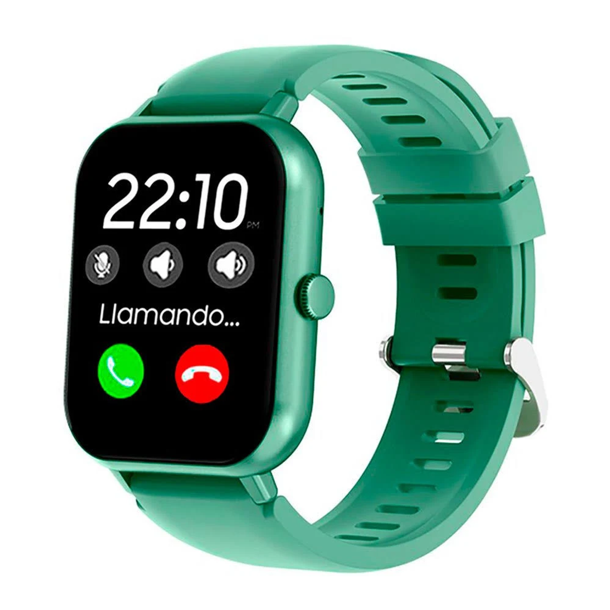 Uno smartwatch verde mostra le 22:10 e una schermata di chiamata con 'Llamando...'. Ha un cinturino verde. Pulsanti e icone visibili.