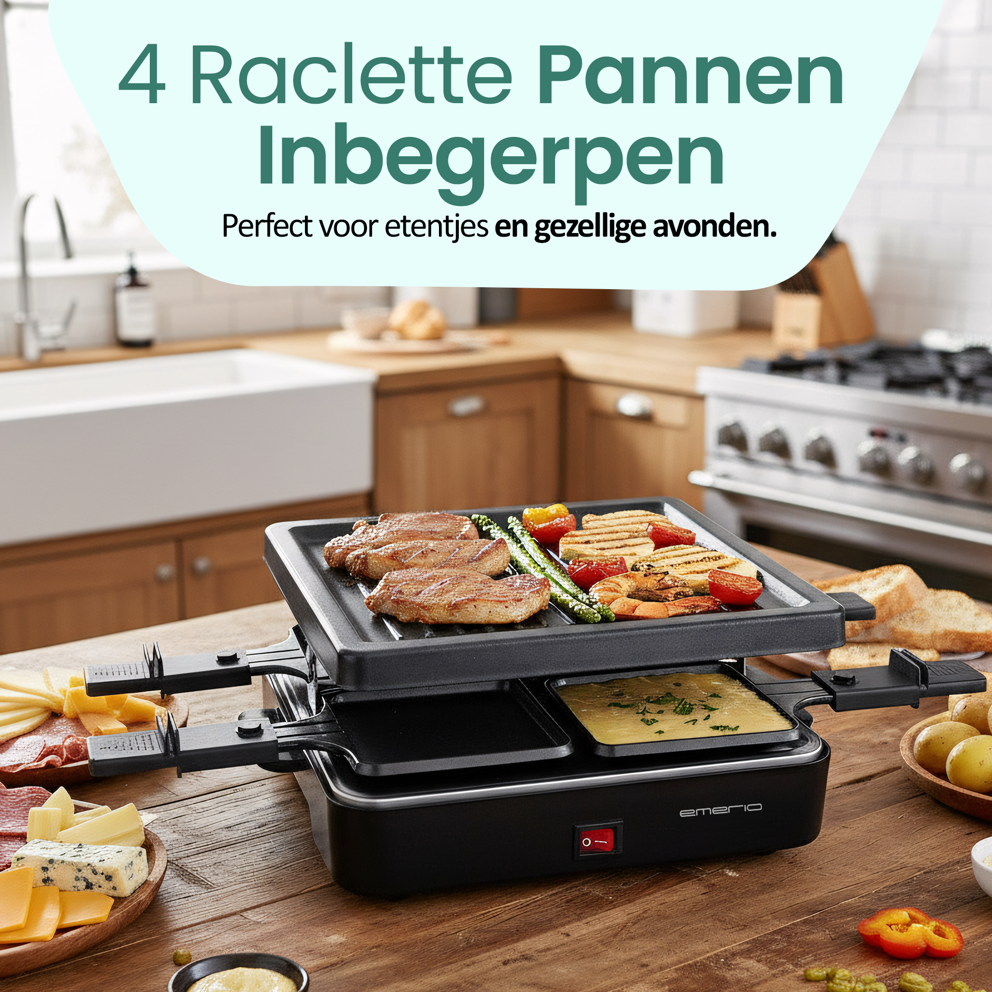 Raclette grill with meat, vegetables, and cheese. Food is on the grill and in the trays. Wooden table and kitchen in the background.