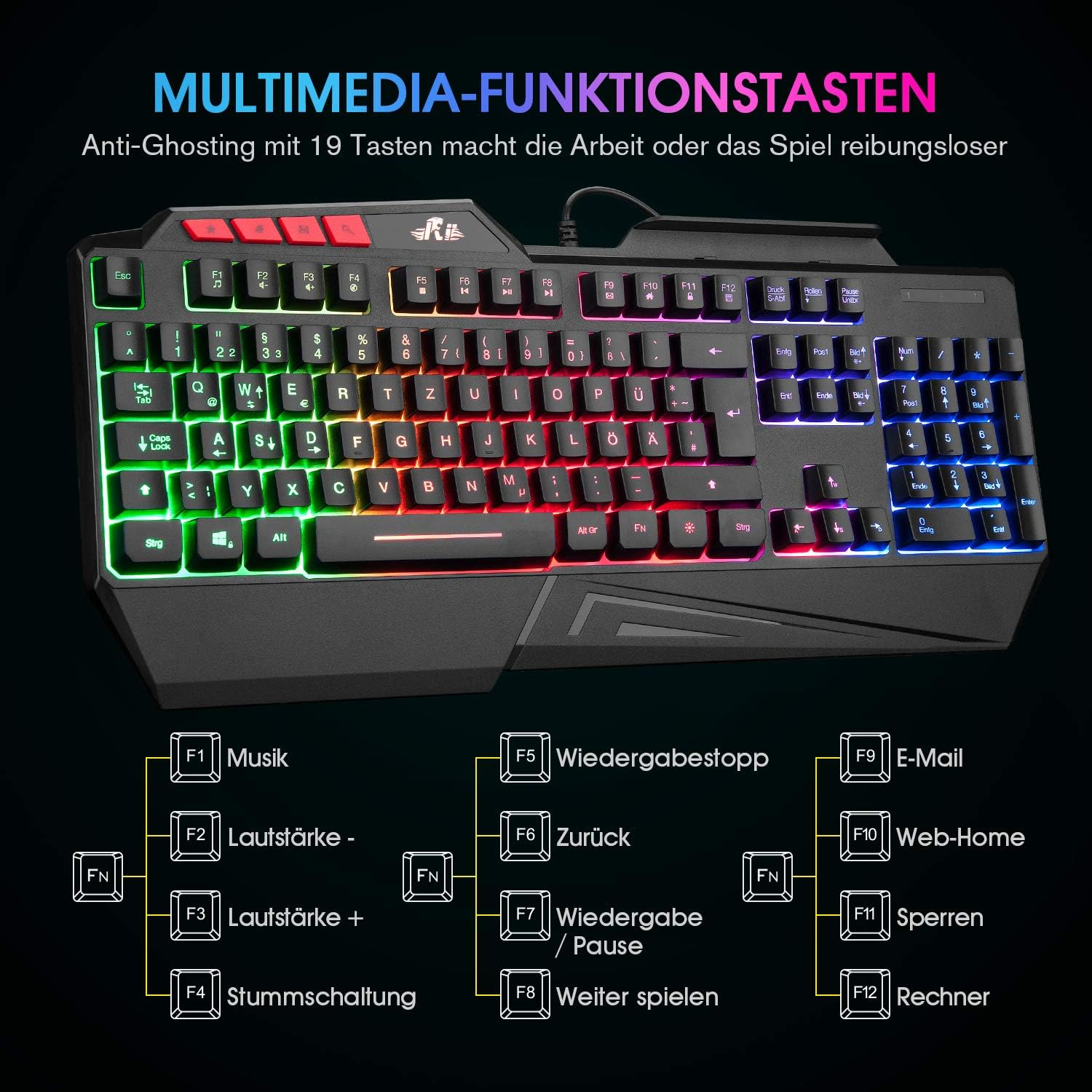 Czarna klawiatura do gier z kolorowymi klawiszami i klawiszami funkcyjnymi multimediów z niemieckimi etykietami.