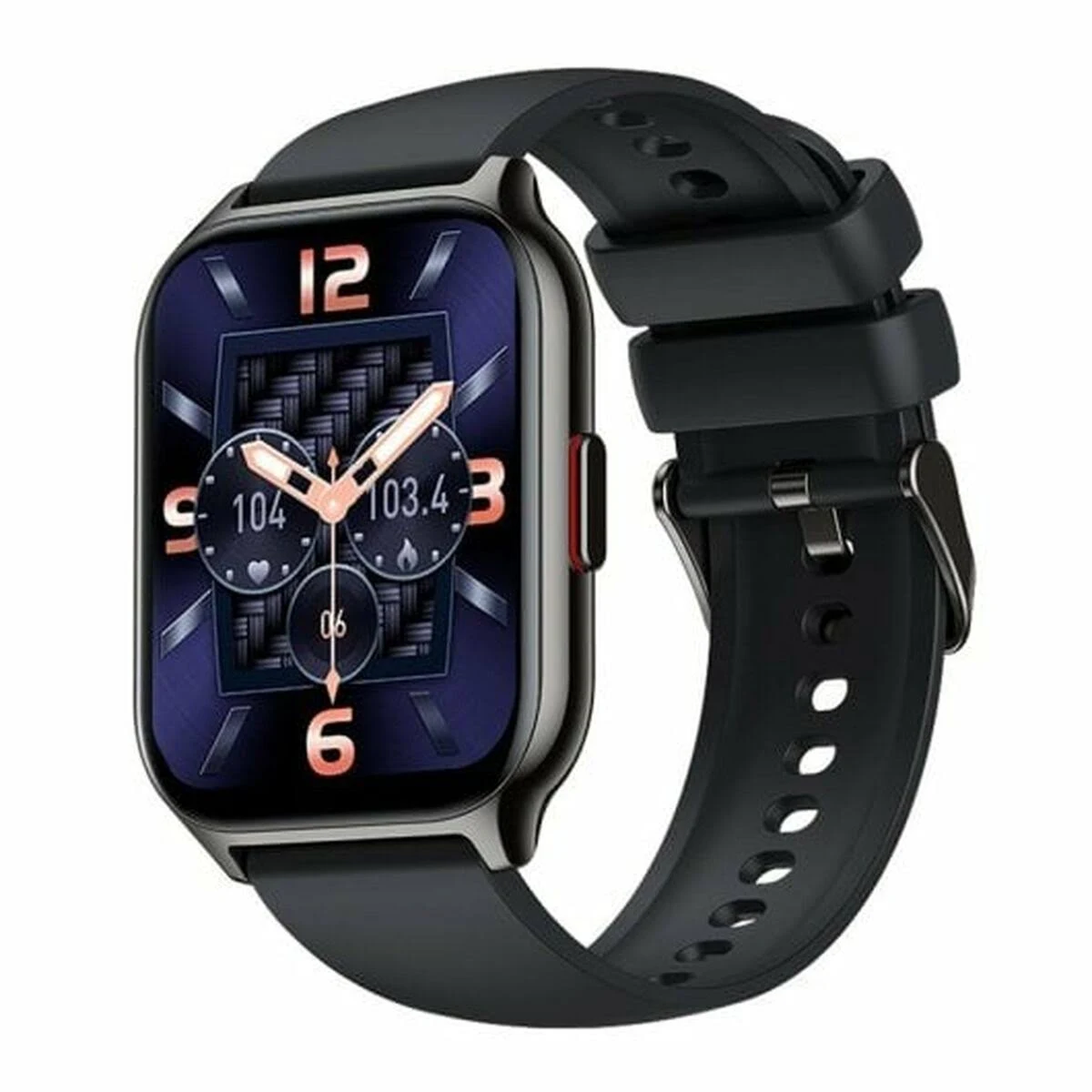 Uno smartwatch nero con schermo blu scuro che mostra numeri e quadranti, con cinturino nero. L'orologio è su sfondo bianco.