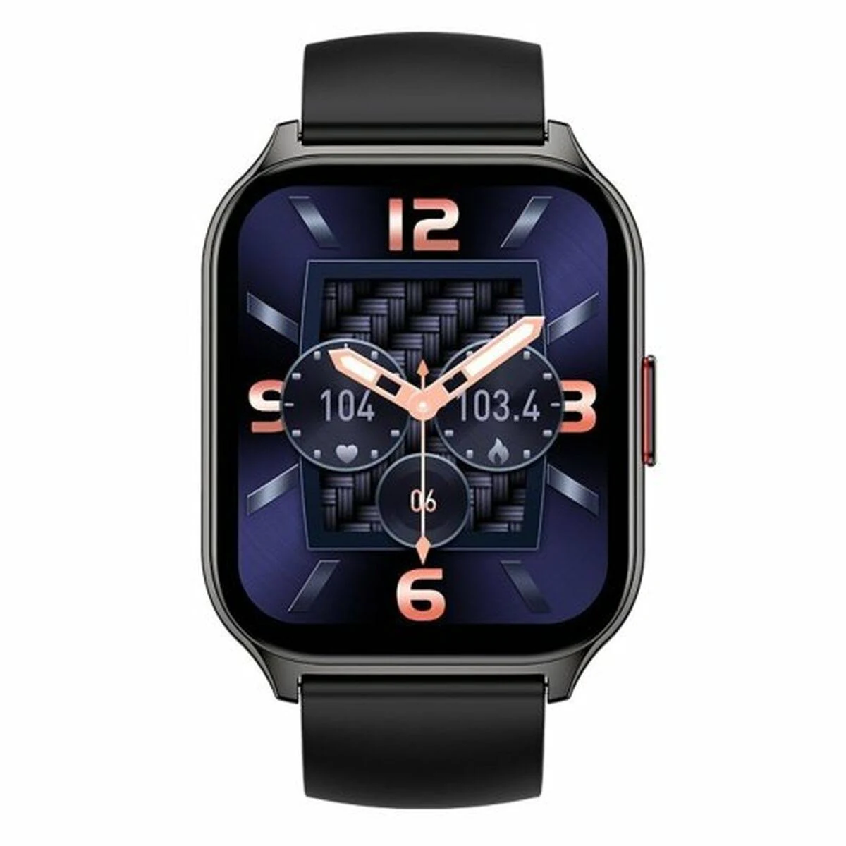 Uno smartwatch quadrato con cornice e cinturino neri. Il quadrante mostra numeri e lancette in oro rosa.
