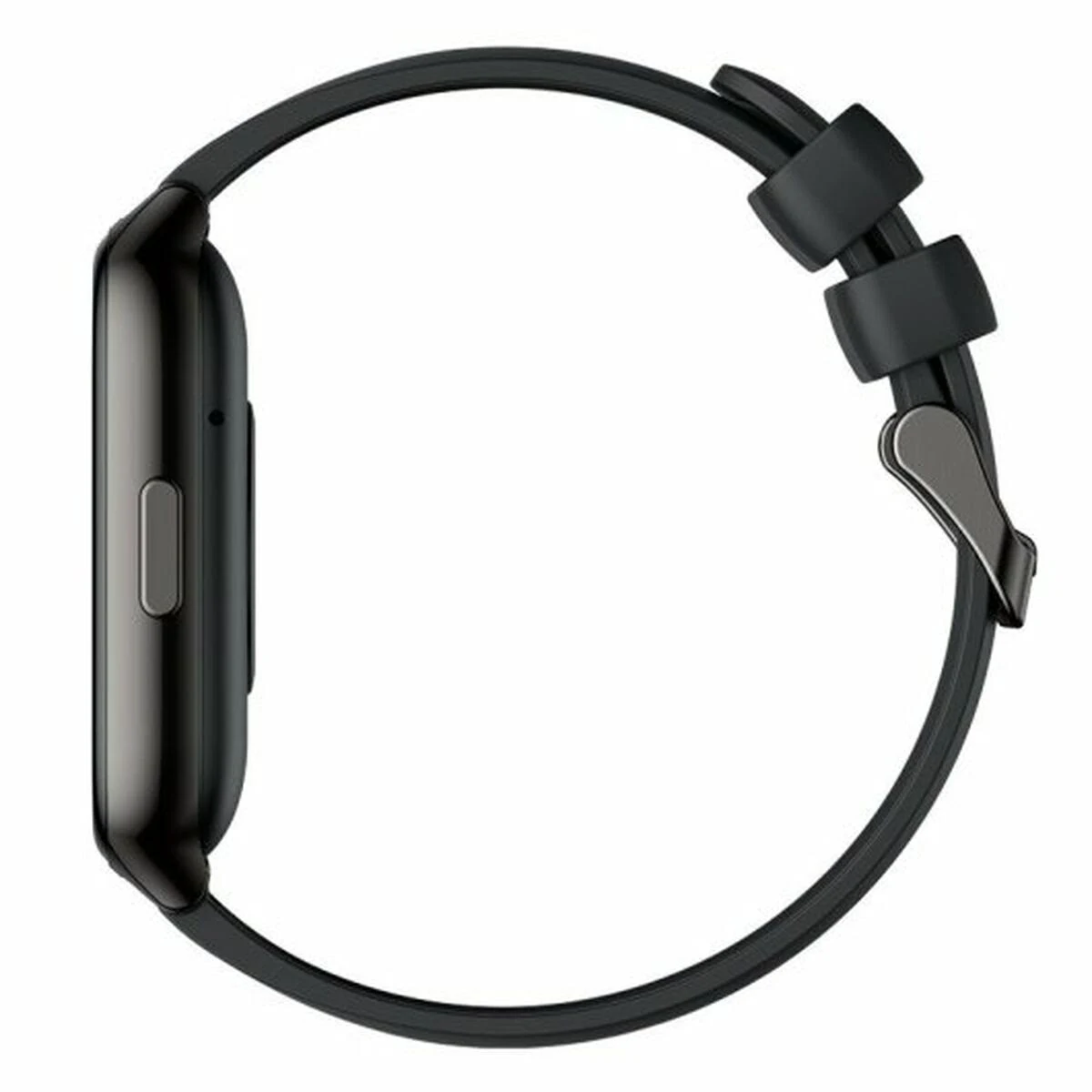 Vista laterale di uno smartwatch nero. Ha uno schermo rettangolare con cinturino nero, un pulsante e una fibbia argentata.